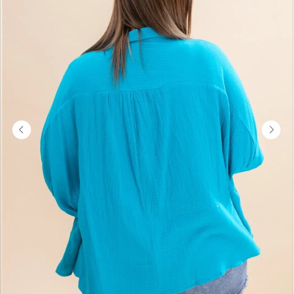 Zenana Double Gauze 3/4 Sleeve Button-Down Top – Dusty Teal - Picture 2 of 9
